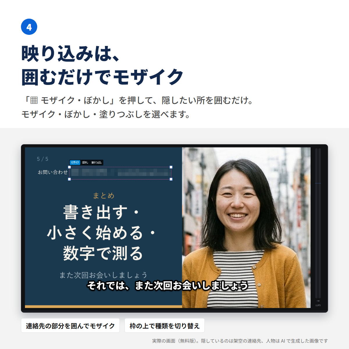 テマカットのモザイクの実際の画面。スライドの連絡先の部分をドラッグで囲み、モザイクがかかっている。枠の上にモザイク・ぼかし・塗りつぶしの切り替えがある