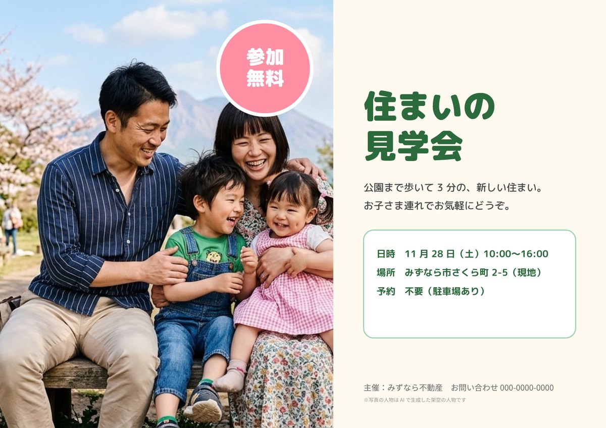 テマデザで作った見本: 不動産・住まいの見学会のチラシ