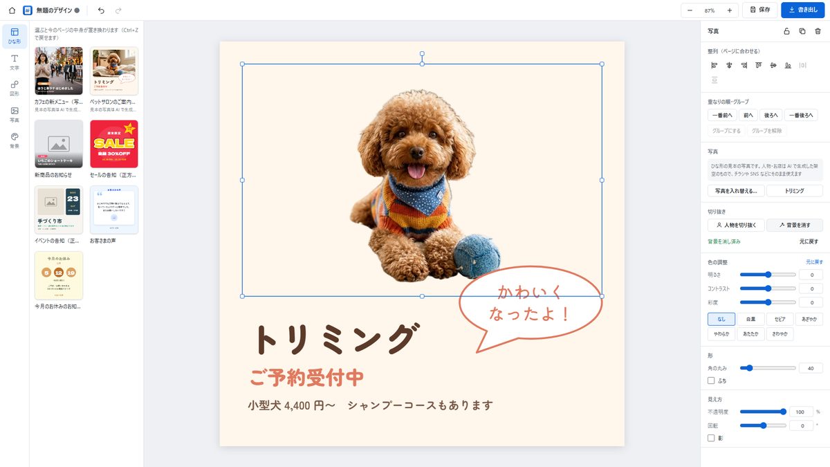 犬の写真の背景を消した後の画面