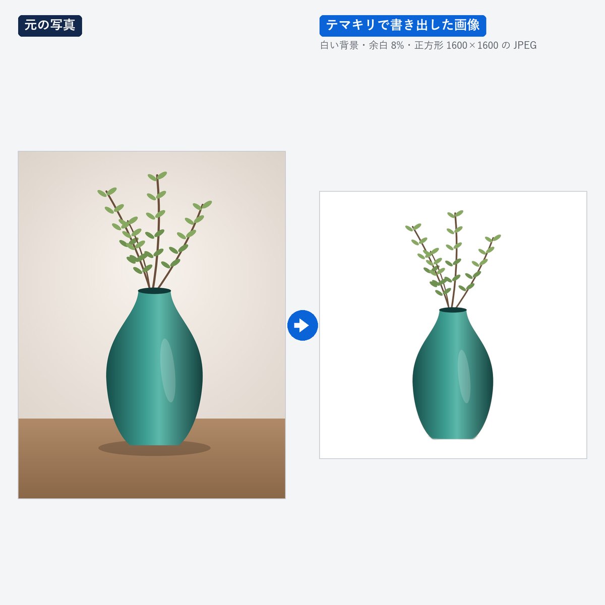 テマキリの切り抜きの見本: 枝を生けた花瓶の写真を、白い背景の商品画像に