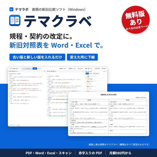 テマクラベの実際の画面と、書き出した新旧対照表。架空の旅費規程の変わった所に色と下線が付いている