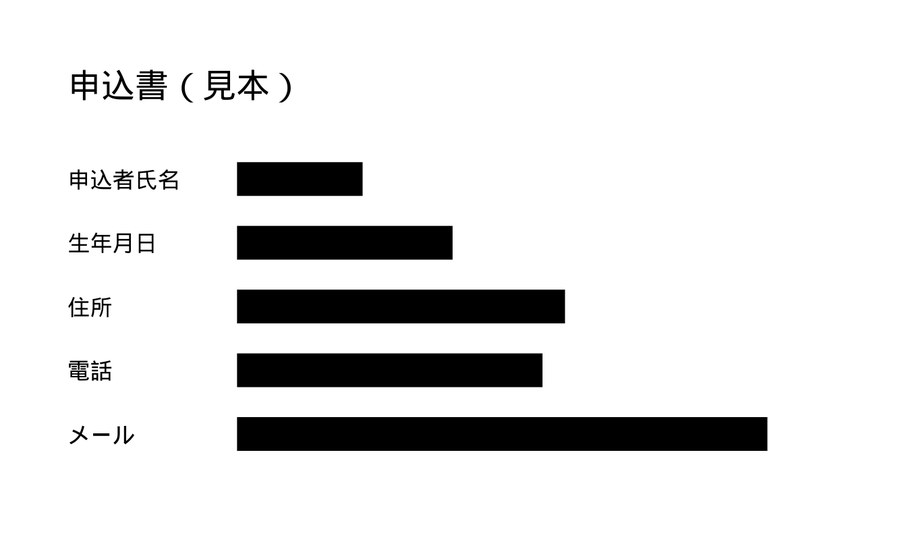 架空の申込書の、名前・生年月日・住所・電話・メールの欄が黒い四角で隠れている PDF