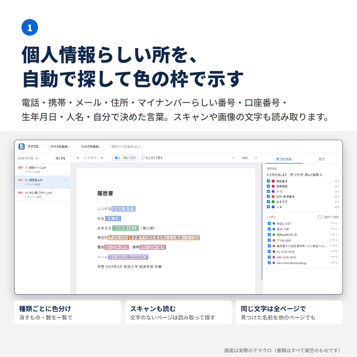 履歴書の名前・生年月日・住所・電話・メールに色の枠が付き、右に種類ごとの数が並んだ画面