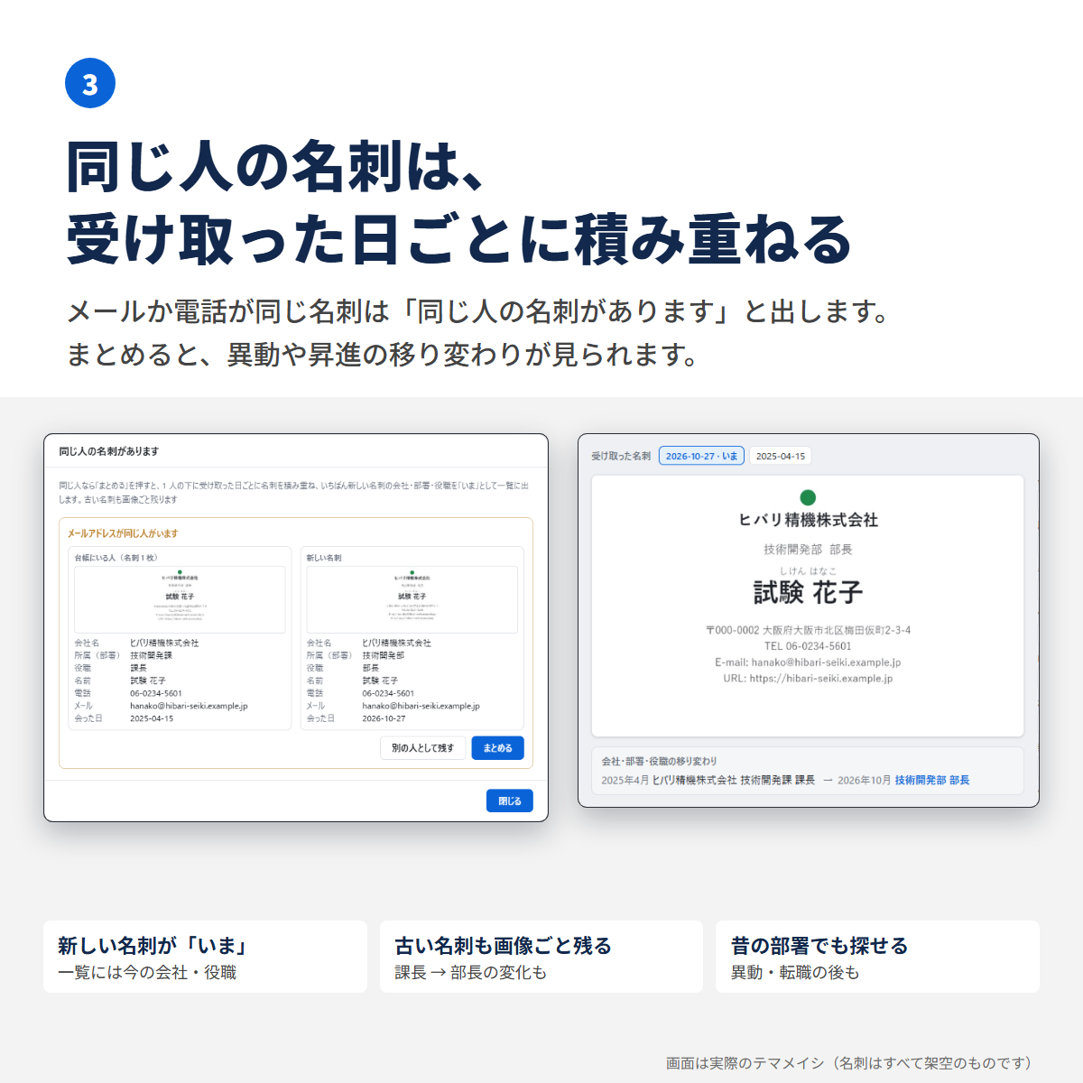 「同じ人の名刺があります」の画面と、課長から部長への移り変わり
