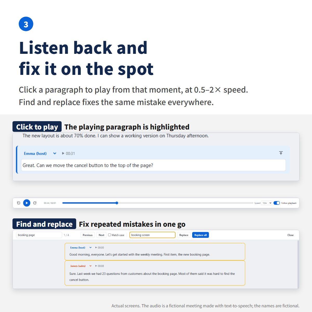 Click a paragraph to play from that time, and find and replace