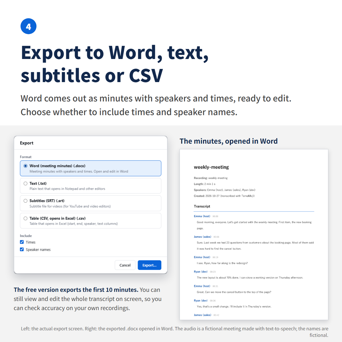 The export screen, and the minutes opened in Word. Export to Word, text, subtitles or CSV