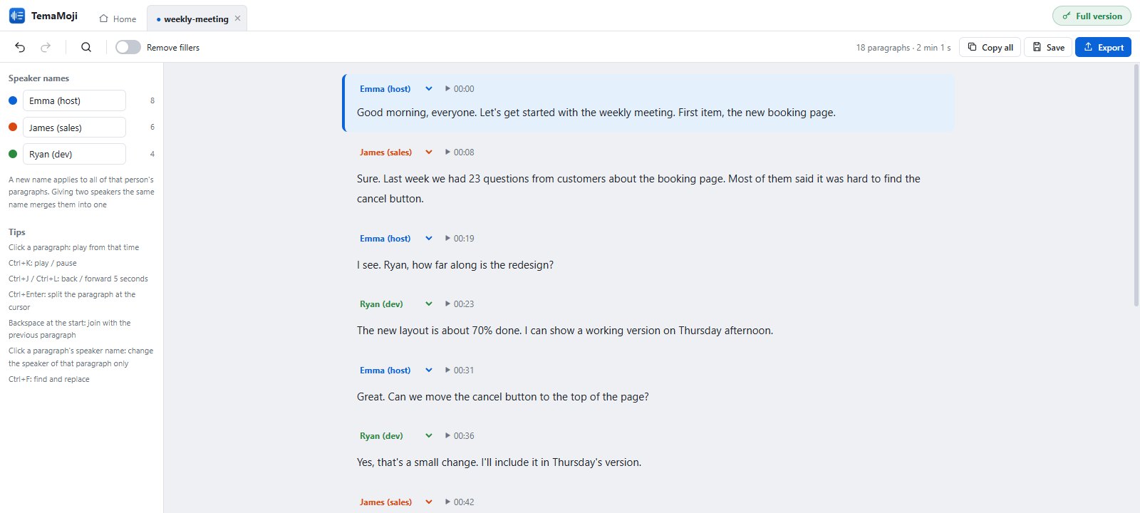 TemaMoji's editor: a meeting transcript split by speaker, with Emma (host), James (sales) and Ryan (dev) labeled in different colors