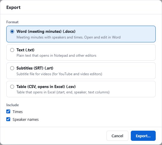 The Export dialog with Word, Text, Subtitles and Table (CSV) options, and checkboxes for times and speaker names