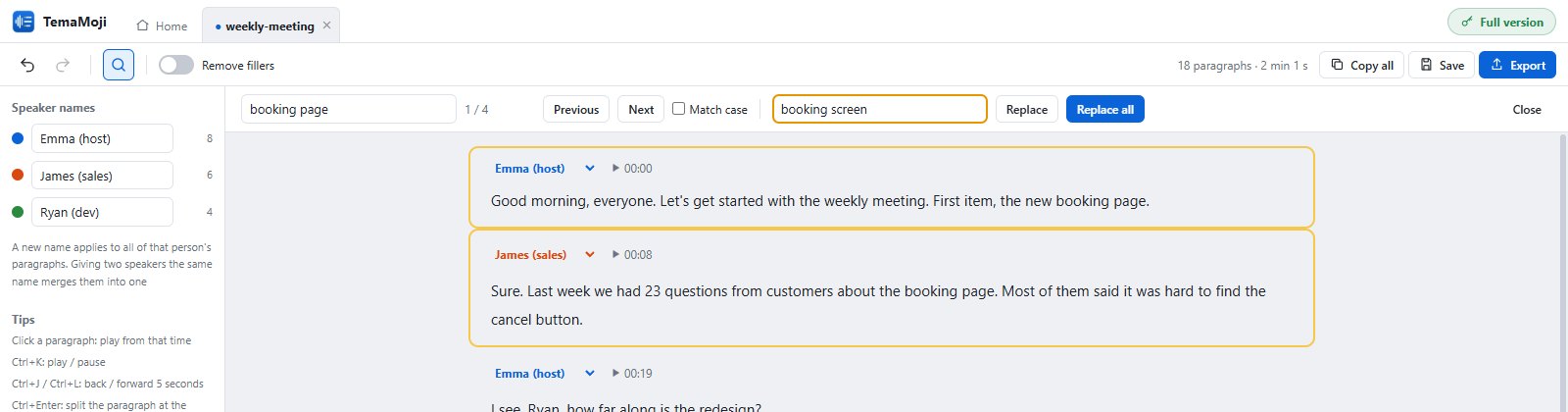 Find and replace at the top of the transcript, with matches highlighted