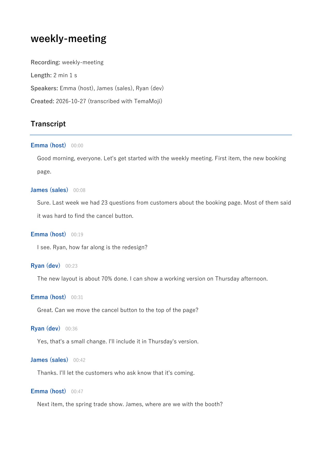 The exported Word minutes: recording details, then each speaker's name and time above what they said