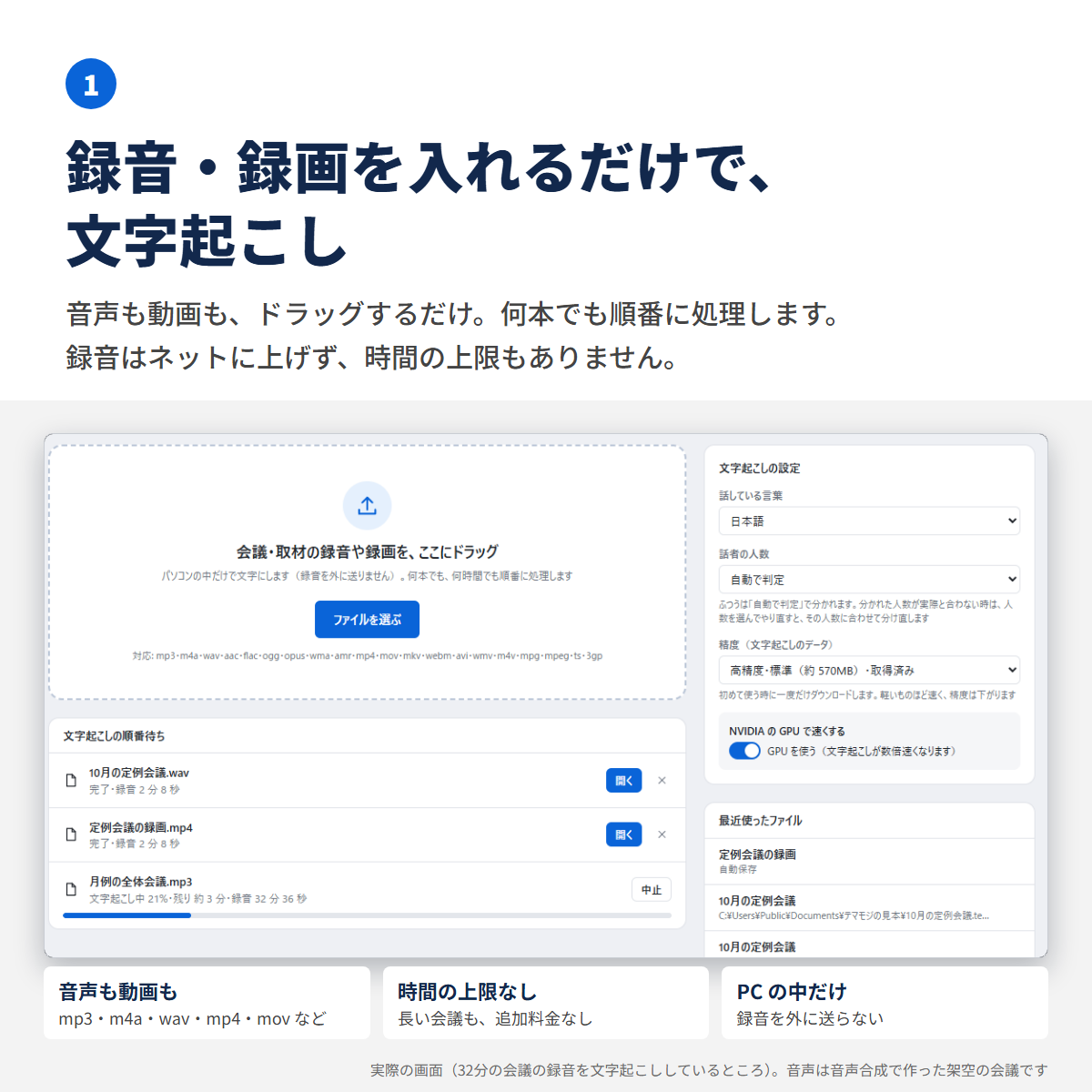 最初の画面。録音や録画のファイルを入れると、順番に文字起こしされる。32分の会議の録音を処理している様子