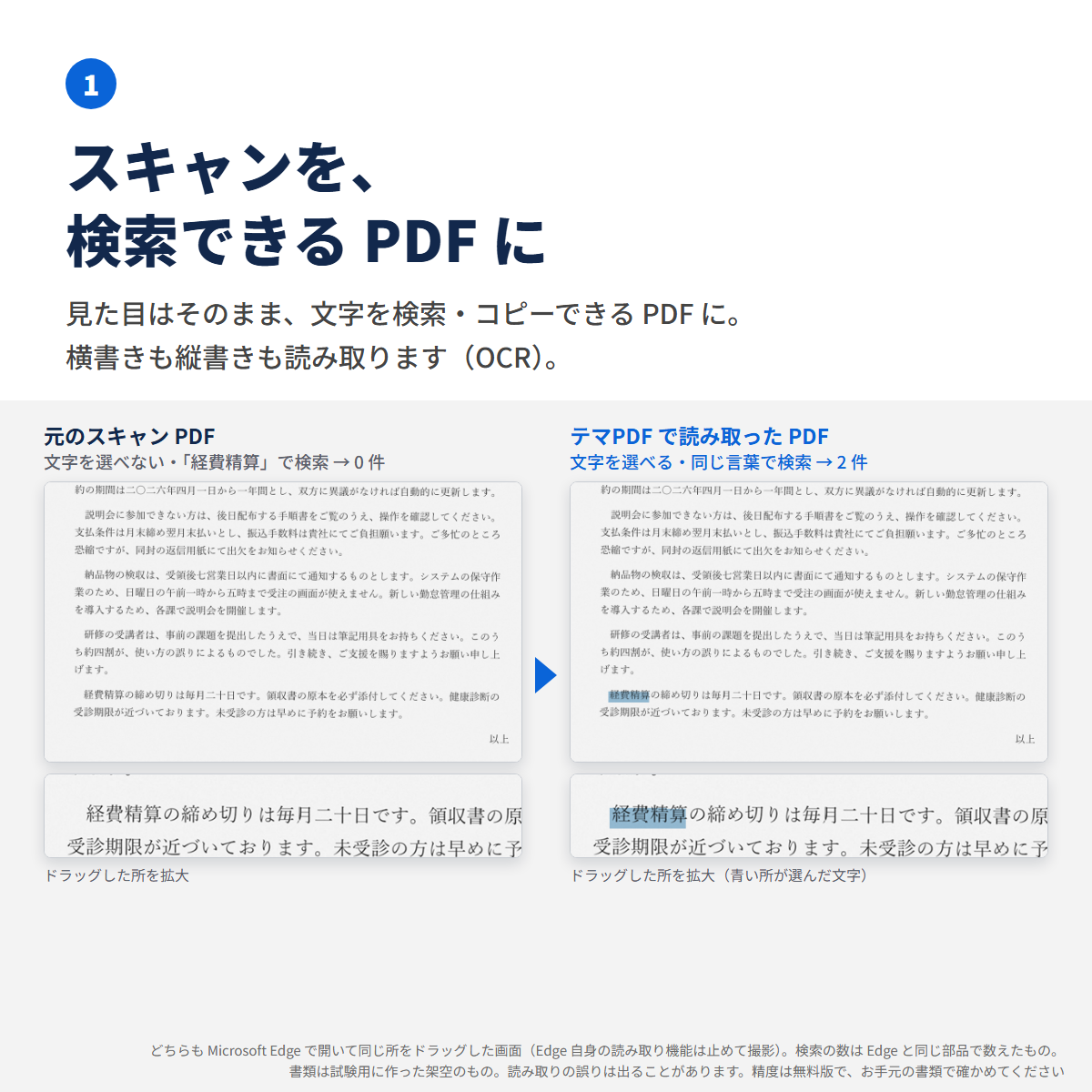 元のスキャン PDF では文字を選べず検索しても見つからない言葉が、テマPDF で文字を読み取った PDF では選べて見つかる。Edge で開いてドラッグした画面