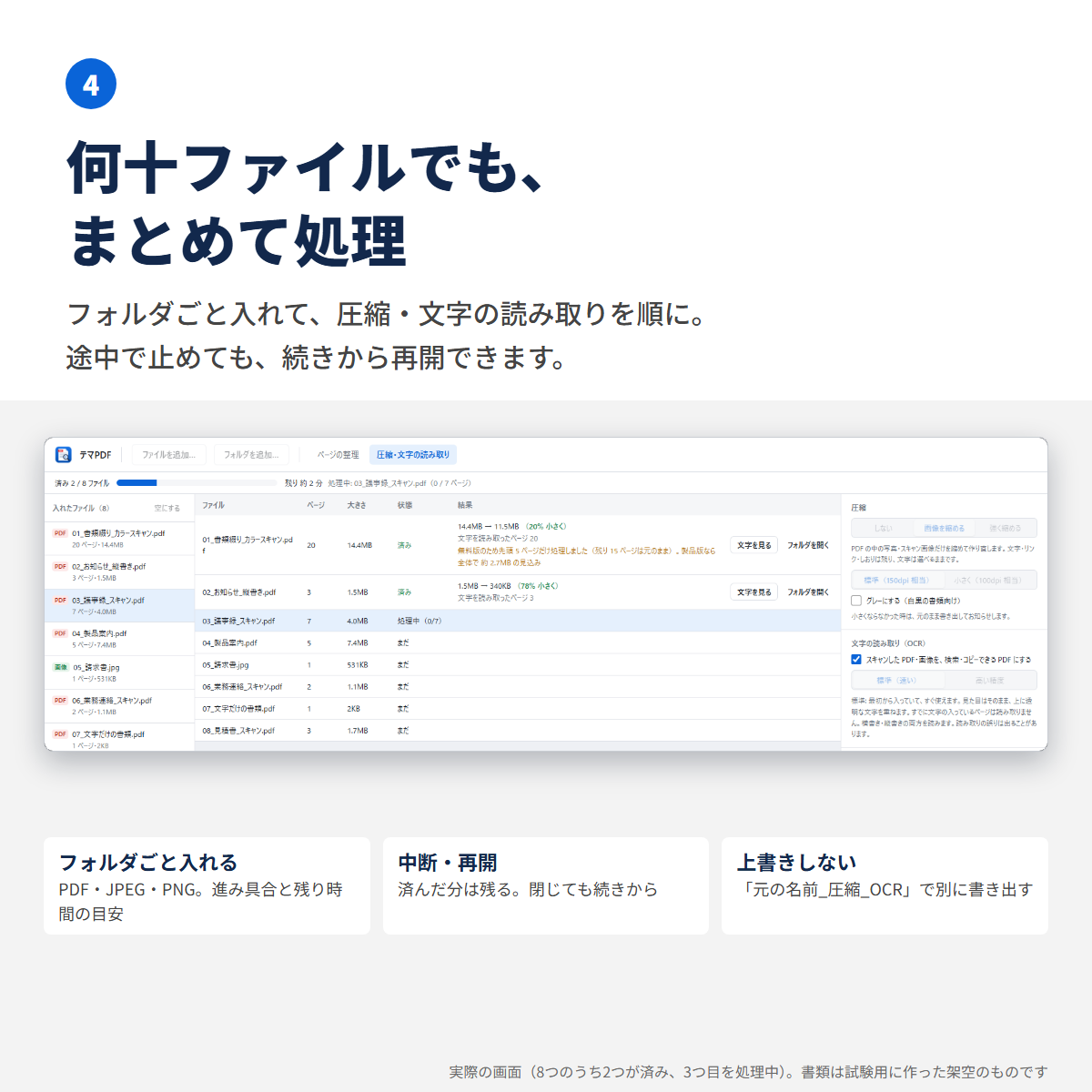 フォルダごと入れた書類を、まとめて圧縮・文字の読み取りしている画面。進み具合と残り時間の目安