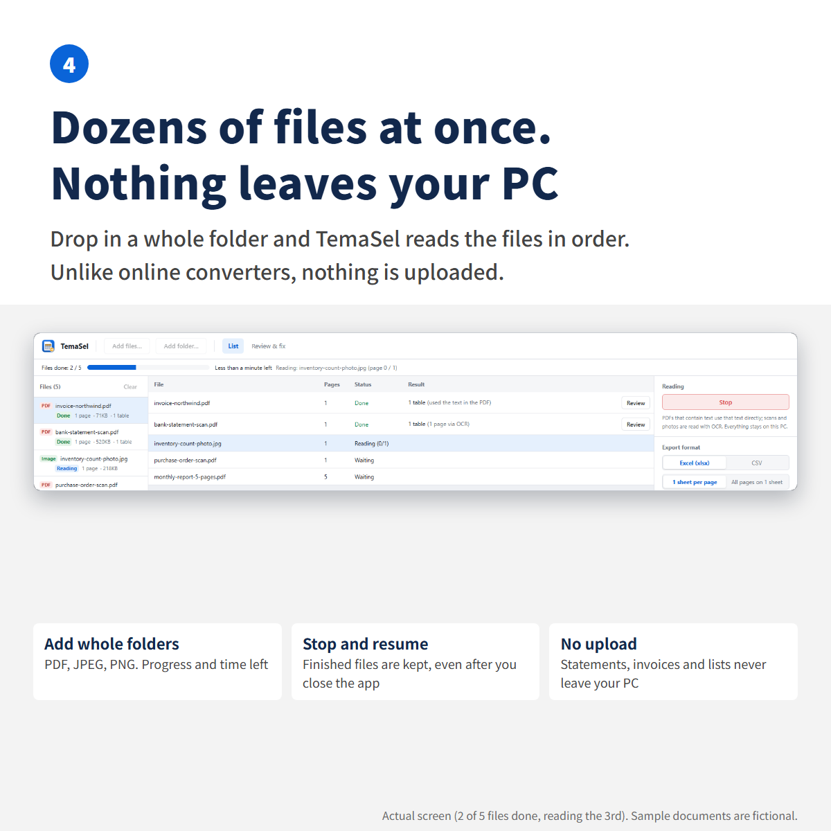 TemaSel reading five files in order, with overall progress and time left