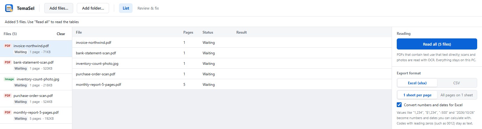 TemaSel with five files added: a text PDF invoice, a scanned bank statement, a phone photo, a scanned purchase order and a five-page report