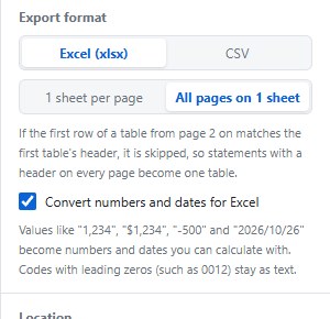 Export format with All pages on 1 sheet selected and the note about skipping repeated header rows
