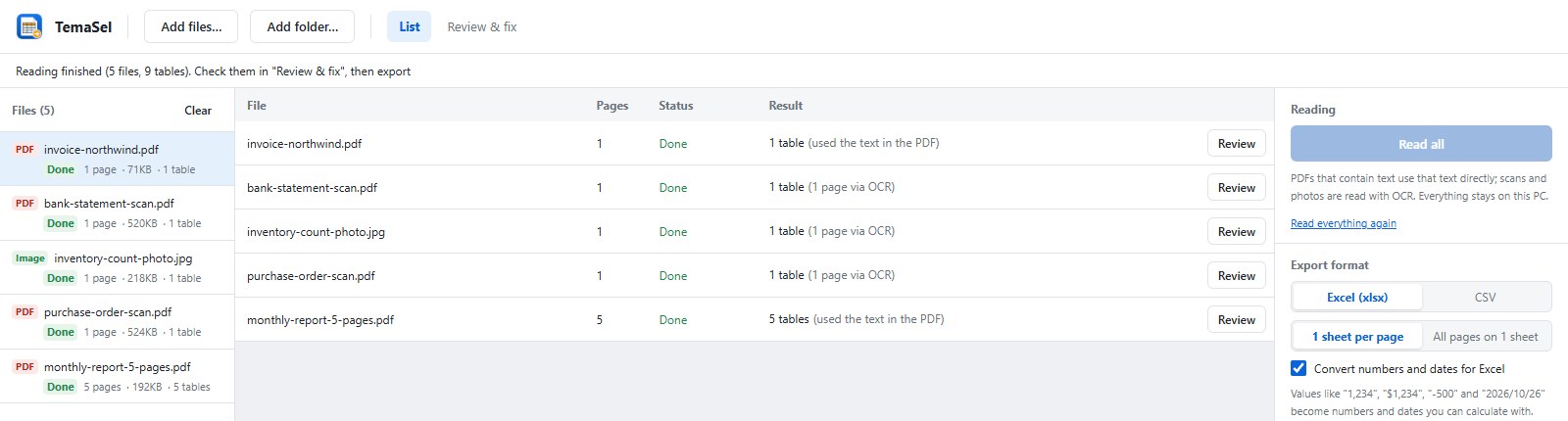 All five files read, with the number of tables found in each