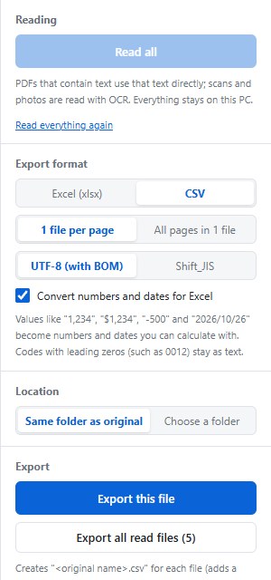 Export settings: format, sheet layout, CSV encoding, number conversion, location and export buttons