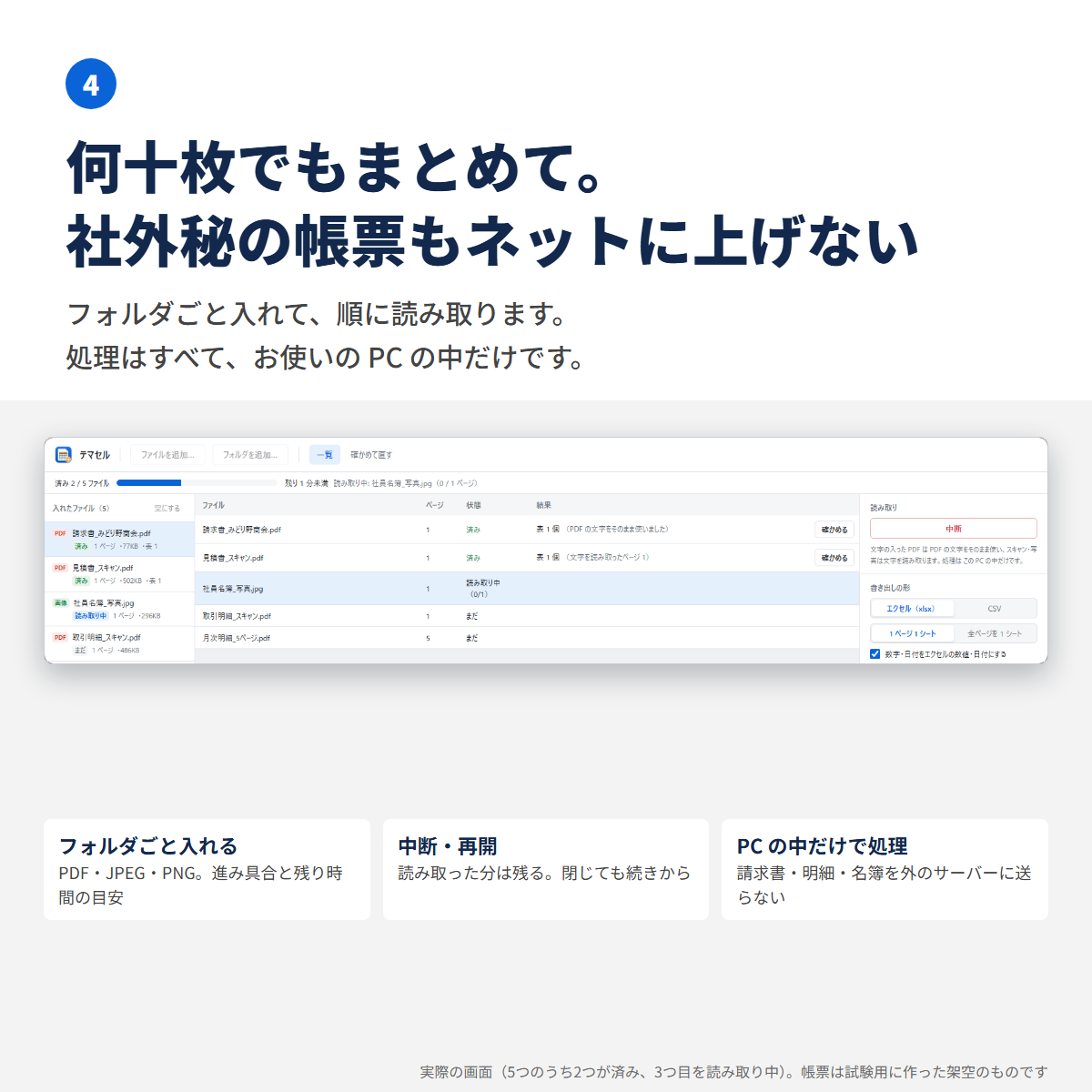 入れた5つのファイルを順に読み取っている画面。進み具合と残り時間の目安