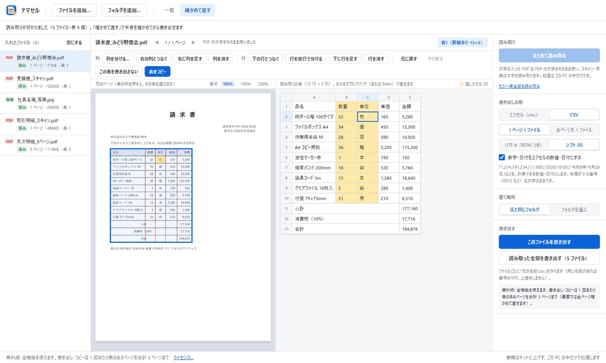 書き出しの形で CSV とシフトJIS を選んだ画面