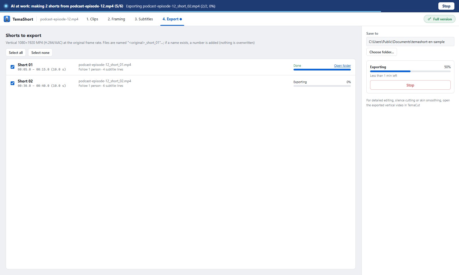 The Export step during the AI task: Short 01 done, Short 02 exporting, with the AI at work bar and Stop buttons
