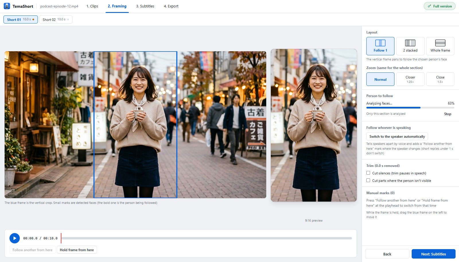 The Framing step: a blue vertical frame around the person's face in the 16:9 video and the 9:16 preview on the right, with layout and zoom options