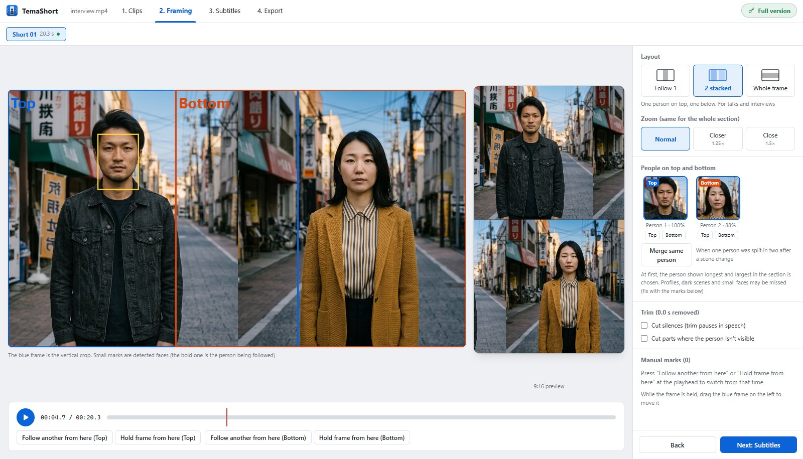 Two people in the 16:9 video, labeled Top and Bottom, and the vertical preview with one above the other
