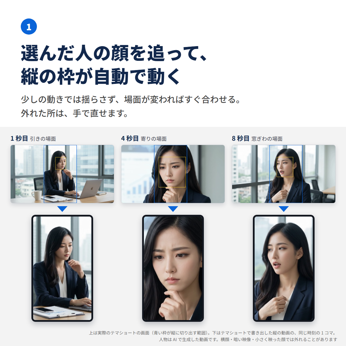 横の動画の3つの場面で、青い縦の枠が選んだ人の顔を追い、書き出した縦の動画でも顔が真ん中に入っている
