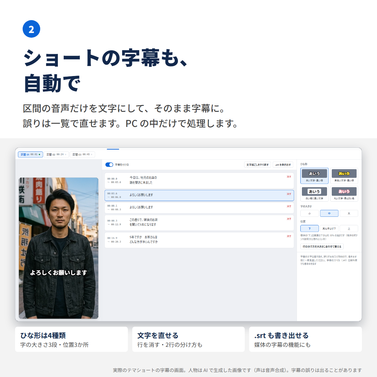 字幕の画面。文字起こしした字幕の一覧と、縦のプレビューに重なった字幕、4つのひな形