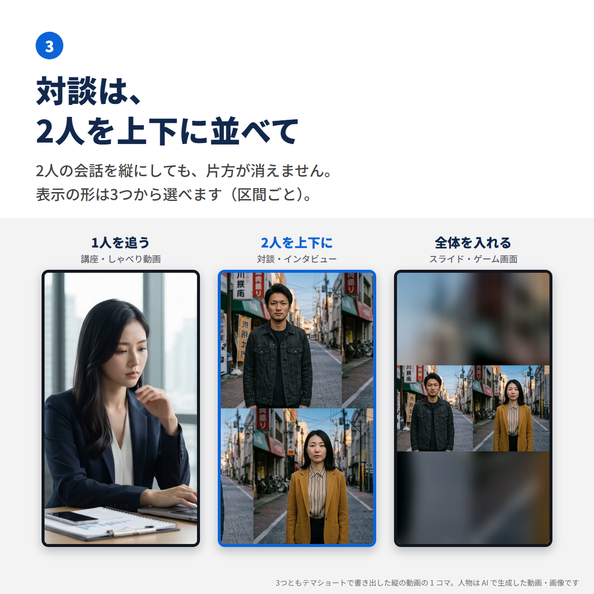 表示の形の3つ。1人を追う、2人を上下に、全体を入れる。どれも書き出した縦の動画の1コマ
