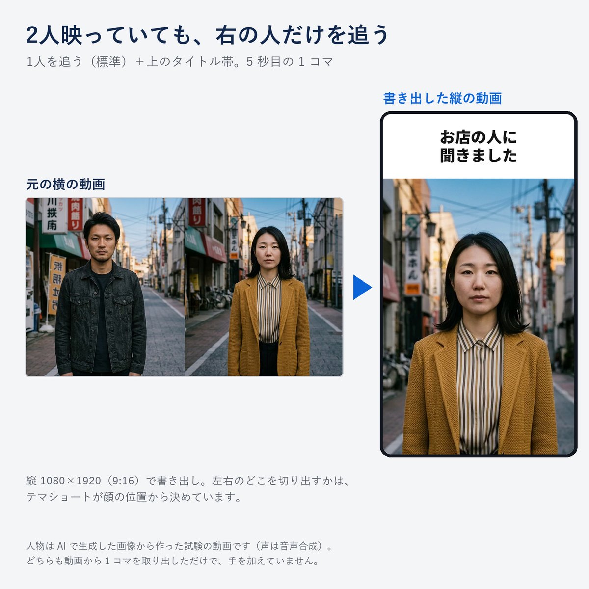 2人が並ぶ横の動画と、右の人だけを追って書き出した縦の動画