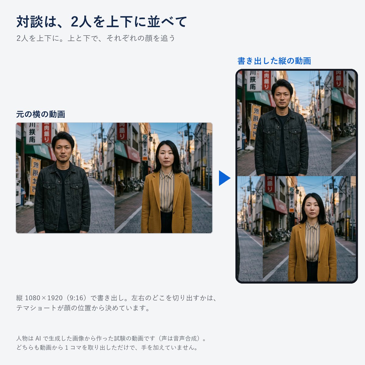 2人が並ぶ横の動画と、テマショートで上と下に1人ずつ並べて書き出した縦の動画