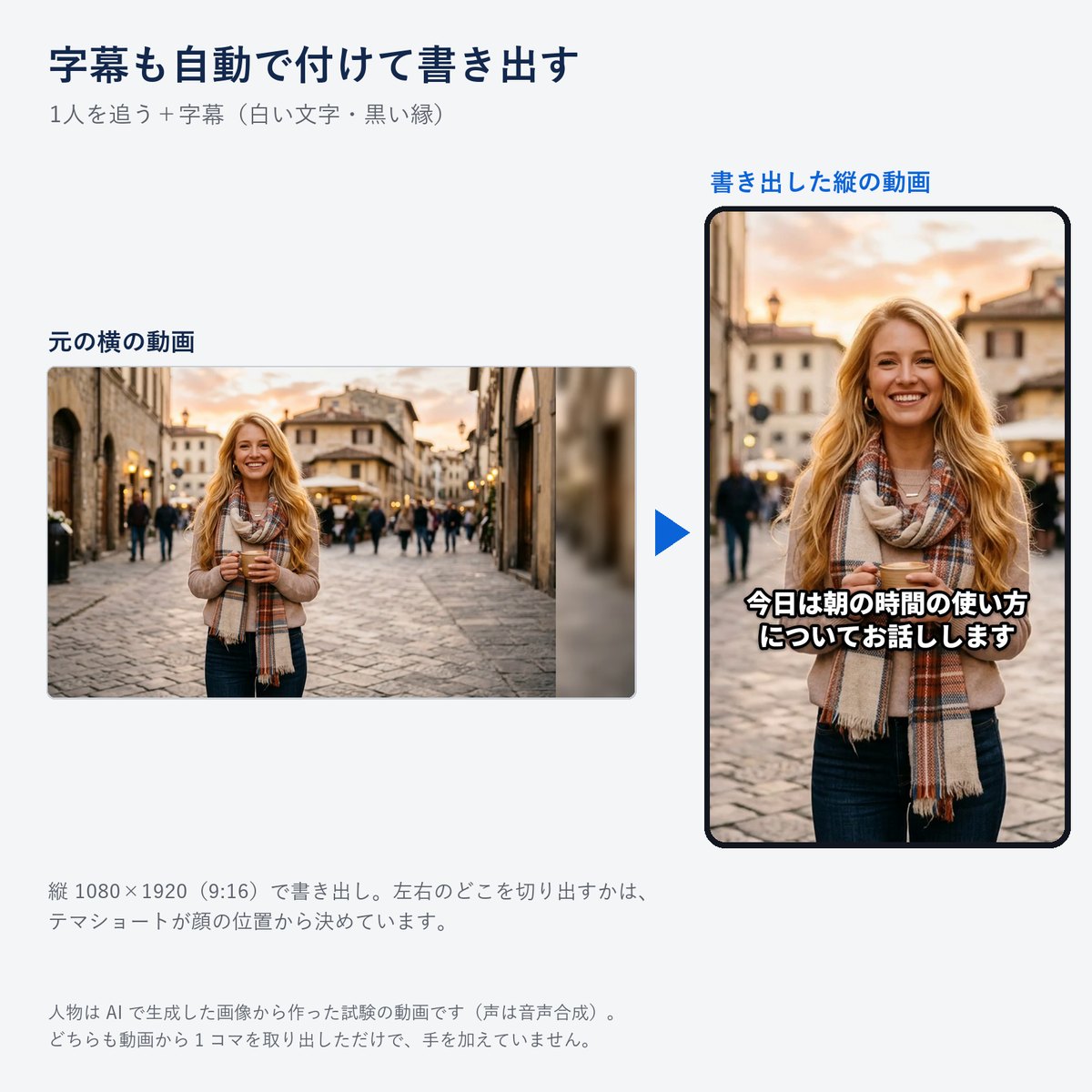 横の動画と、テマショートで字幕を付けて書き出した縦の動画。字幕は画面の下から約30%の高さにある